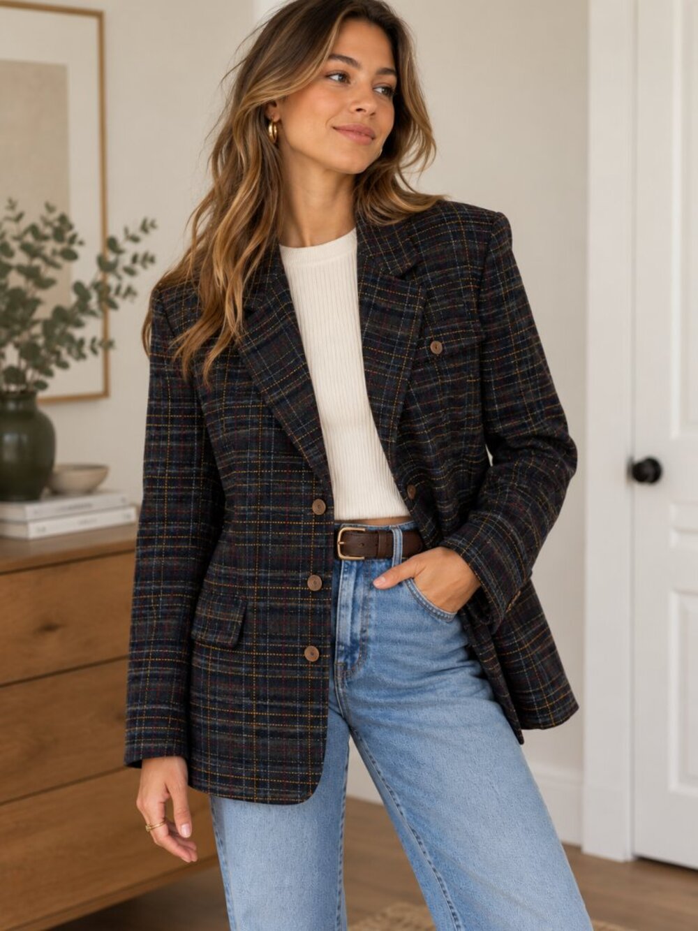 Lizsport Vintage Plaid Wool Blazer 12P Navy Academia Preppy ✨
